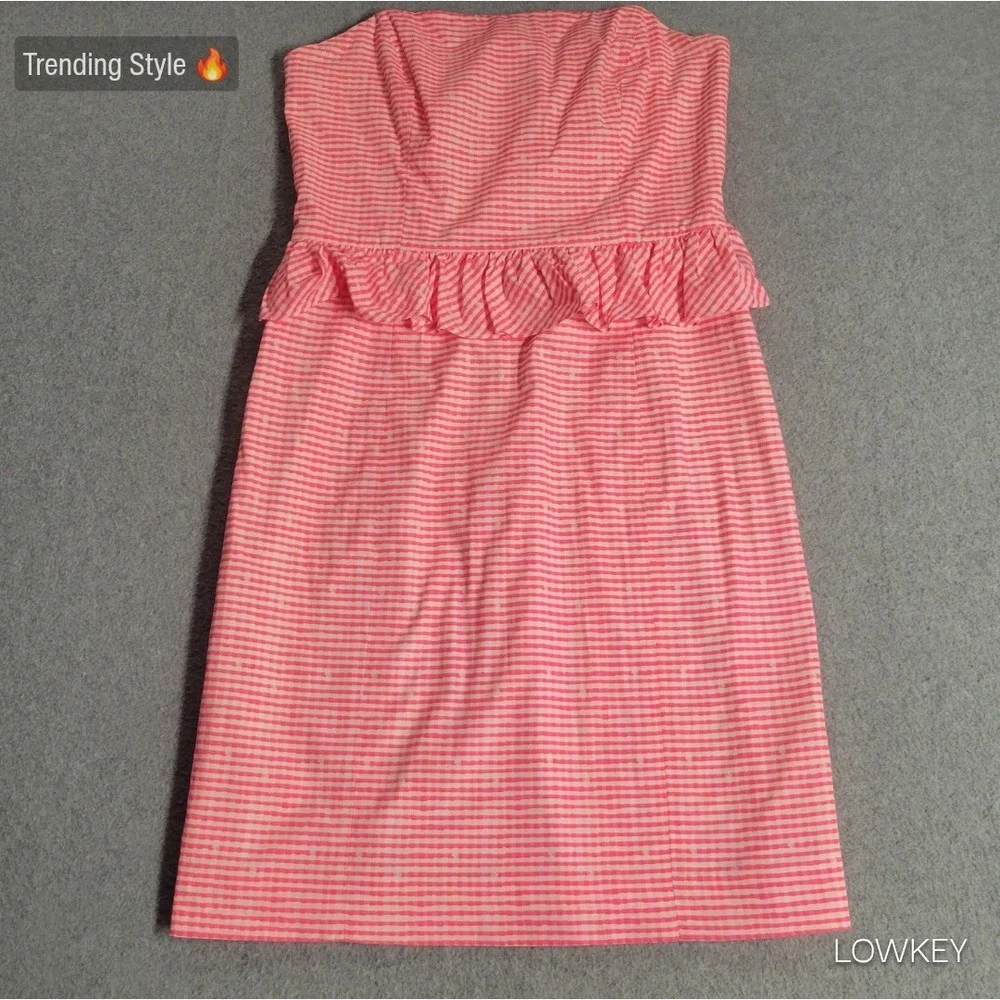 Lilly Pulitzer Lowe Pink Gingham Seersucker Peplum Strapless Dress 4 Zip Derby - Picture 1 of 13